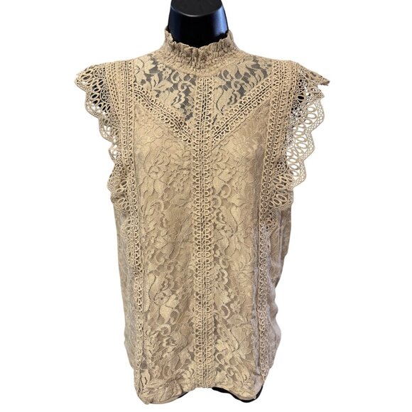Cable & Gauge Top L Beige Lace Sleeveless High Neck Blouse Ruffle Detail - Picture 1 of 7